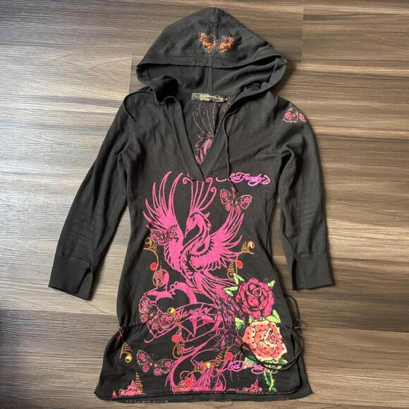 Ed Hardy Tunic Dress Butterfly Phoenix Size Small Black Pink Embellished Hooded - Picture 1 of 9
